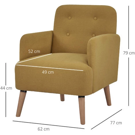 HOMCOM Fauteuil Style Classique Dossier 4 Boutons Piètement Effilé Incliné Bouleau Revêtement Aspect Lin Moutarde Foncé - Moutarde 5 HOMCOM Fauteuil Style Classique Dossier 4 Boutons Piètement Effilé Incliné Bouleau Revêtement Aspect Lin Moutarde Foncé - Moutarde – Image 3