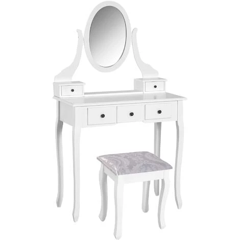 HOMCOM Coiffeuse Et Tabouret Style Baroque 5 Tiroirs Miroir Ovale Pivotant 360° MDF Bois Blanc - Blanc 3 HOMCOM Coiffeuse Et Tabouret Style Baroque 5 Tiroirs Miroir Ovale Pivotant 360° MDF Bois Blanc - Blanc