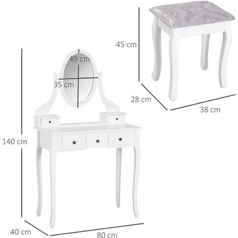 HOMCOM Coiffeuse Et Tabouret Style Baroque 5 Tiroirs Miroir Ovale Pivotant 360° MDF Bois Blanc - Blanc 5 HOMCOM Coiffeuse Et Tabouret Style Baroque 5 Tiroirs Miroir Ovale Pivotant 360° MDF Bois Blanc - Blanc – Image 3