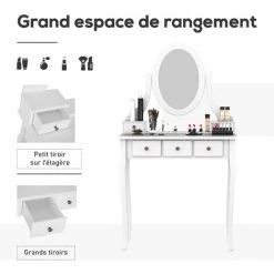 HOMCOM Coiffeuse Et Tabouret Style Baroque 5 Tiroirs Miroir Ovale Pivotant 360° MDF Bois Blanc - Blanc 11 HOMCOM Coiffeuse Et Tabouret Style Baroque 5 Tiroirs Miroir Ovale Pivotant 360° MDF Bois Blanc - Blanc -France HOMCOM Soldes 2022 68595391 5