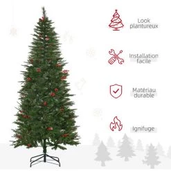 HOMCOM Sapin De Noël Artificiel Décoré Ø 78 X 210H Cm 746 Branches épines Grand Réalisme 45 Baies Rouges - Vert -France HOMCOM Soldes 2022 68595395 5