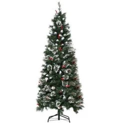 HOMCOM Sapin De Noël Artificiel Aspect Enneigé Ø 63 X 180H Cm 588 Branches Longues épines 35 Baies Rouges 33 Pommes De Pin - Vert