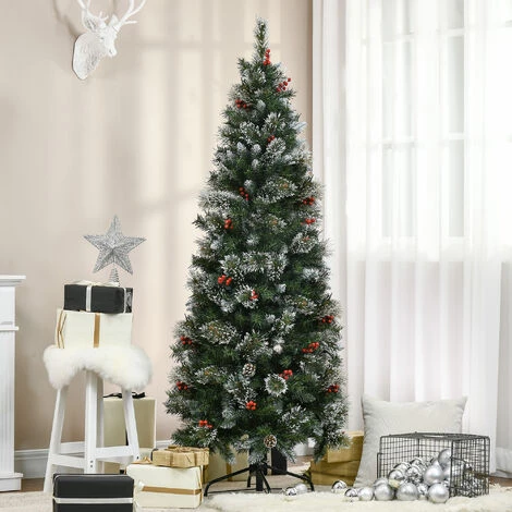 HOMCOM Sapin De Noël Artificiel Aspect Enneigé Ø 63 X 180H Cm 588 Branches Longues épines 35 Baies Rouges 33 Pommes De Pin - Vert 4 HOMCOM Sapin De Noël Artificiel Aspect Enneigé Ø 63 X 180H Cm 588 Branches Longues épines 35 Baies Rouges 33 Pommes De Pin - Vert – Image 2