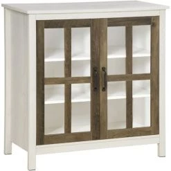 HOMCOM Buffet Armoire De Rangement - 2 Portes Vitrine Verre, 2 étagères Réglables - Verre Trempé Panneaux Particules Aspect Bois Blanc Effet Céruse - Blanc