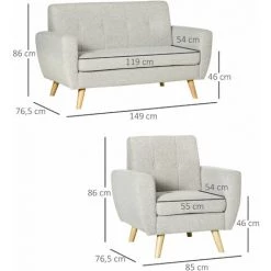 HOMCOM Ensemble Salon 3 Places 2 Pièces Design Scandinave - Canapé 2 Places Et Fauteuil - Pieds Et Structure Bois - Tissu Aspect Lin Gris Clair - Gris -France HOMCOM Soldes 2022 68595404 3