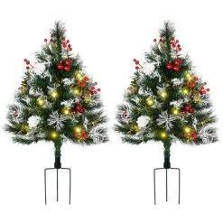 HOMCOM Sapins De Noël Artificiel H. 75 Cm Aspect Enneigé - Lot De 2 Sapins LED - 8 Modes D'éclairage - 70 Branches - Décoration Incluse - Usage Extérieur - Vert