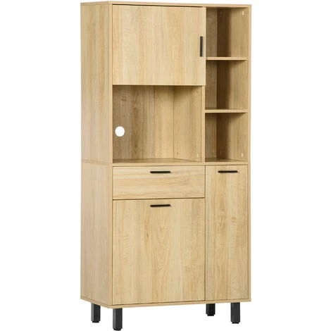 HOMCOM Buffet Haut - Armoire De Cuisine Multi-rangement - 3 Portes, 4 Niches, Tiroir - Piètement Métal Noir Panneaux Particules Aspect Bois Clair - Beige 3 HOMCOM Buffet Haut - Armoire De Cuisine Multi-rangement - 3 Portes, 4 Niches, Tiroir - Piètement Métal Noir Panneaux Particules Aspect Bois Clair - Beige