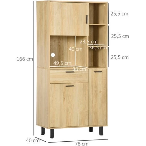 HOMCOM Buffet Haut - Armoire De Cuisine Multi-rangement - 3 Portes, 4 Niches, Tiroir - Piètement Métal Noir Panneaux Particules Aspect Bois Clair - Beige 5 HOMCOM Buffet Haut - Armoire De Cuisine Multi-rangement - 3 Portes, 4 Niches, Tiroir - Piètement Métal Noir Panneaux Particules Aspect Bois Clair - Beige – Image 3