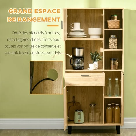 HOMCOM Buffet Haut - Armoire De Cuisine Multi-rangement - 3 Portes, 4 Niches, Tiroir - Piètement Métal Noir Panneaux Particules Aspect Bois Clair - Beige 6 HOMCOM Buffet Haut - Armoire De Cuisine Multi-rangement - 3 Portes, 4 Niches, Tiroir - Piètement Métal Noir Panneaux Particules Aspect Bois Clair - Beige – Image 4