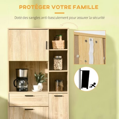 HOMCOM Buffet Haut - Armoire De Cuisine Multi-rangement - 3 Portes, 4 Niches, Tiroir - Piètement Métal Noir Panneaux Particules Aspect Bois Clair - Beige 7 HOMCOM Buffet Haut - Armoire De Cuisine Multi-rangement - 3 Portes, 4 Niches, Tiroir - Piètement Métal Noir Panneaux Particules Aspect Bois Clair - Beige – Image 5