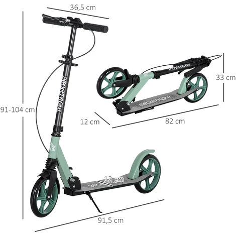 HOMCOM Trottinette Pliable Adulte Béquille Double Frein Amortisseur Hauteur Guidon Réglable Roulement PU Abec-9 Alu. Métal Vert Noir - Vert 5 HOMCOM Trottinette Pliable Adulte Béquille Double Frein Amortisseur Hauteur Guidon Réglable Roulement PU Abec-9 Alu. Métal Vert Noir - Vert – Image 3