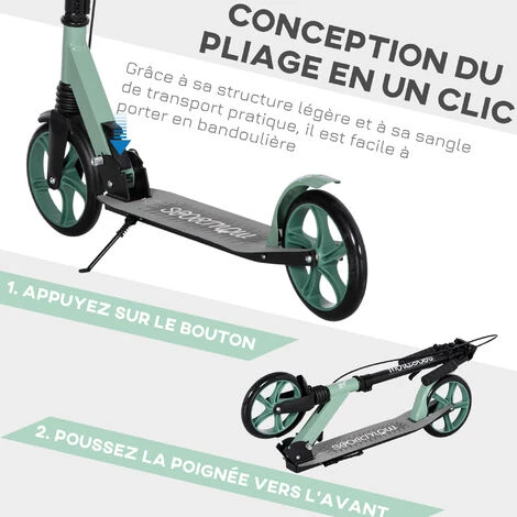 HOMCOM Trottinette Pliable Adulte Béquille Double Frein Amortisseur Hauteur Guidon Réglable Roulement PU Abec-9 Alu. Métal Vert Noir - Vert 6 HOMCOM Trottinette Pliable Adulte Béquille Double Frein Amortisseur Hauteur Guidon Réglable Roulement PU Abec-9 Alu. Métal Vert Noir - Vert – Image 4