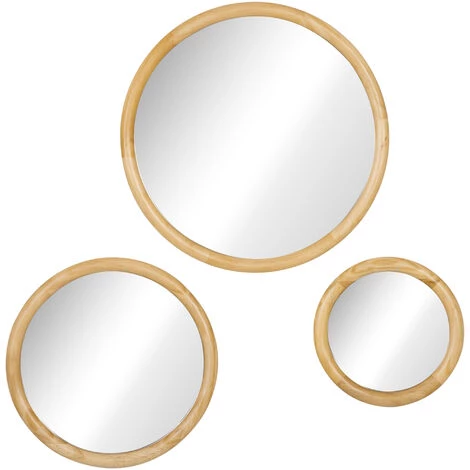 HOMCOM Lot De 3 Miroirs Ronds Muraux Ø 25, 35, 45 Cm Crochet Intégré Cadre Bois De Pin - Beige 3 HOMCOM Lot De 3 Miroirs Ronds Muraux Ø 25, 35, 45 Cm Crochet Intégré Cadre Bois De Pin - Beige
