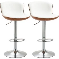 HOMCOM Lot De 2 Tabourets De Bar Design Contemporain Hauteur D'assise Réglable 64-85 Cm Pivotant 360° Revêtement Synthétique Crème Aspect Bois - Crème
