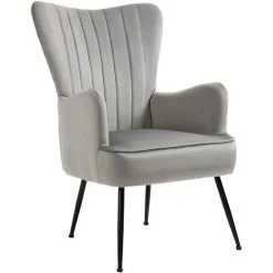 HOMCOM Fauteuil Design Néo-rétro Haut Dossier Strié à Oreilles Piètement Effilé Acier Noir Revêtement Tissu Aspect Velours Gris - Gris