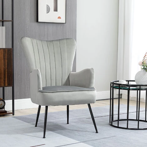 HOMCOM Fauteuil Design Néo-rétro Haut Dossier Strié à Oreilles Piètement Effilé Acier Noir Revêtement Tissu Aspect Velours Gris - Gris 4 HOMCOM Fauteuil Design Néo-rétro Haut Dossier Strié à Oreilles Piètement Effilé Acier Noir Revêtement Tissu Aspect Velours Gris - Gris – Image 2