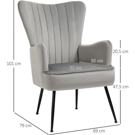 HOMCOM Fauteuil Design Néo-rétro Haut Dossier Strié à Oreilles Piètement Effilé Acier Noir Revêtement Tissu Aspect Velours Gris - Gris 5 HOMCOM Fauteuil Design Néo-rétro Haut Dossier Strié à Oreilles Piètement Effilé Acier Noir Revêtement Tissu Aspect Velours Gris - Gris – Image 3