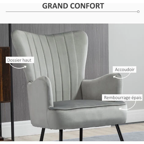 HOMCOM Fauteuil Design Néo-rétro Haut Dossier Strié à Oreilles Piètement Effilé Acier Noir Revêtement Tissu Aspect Velours Gris - Gris 6 HOMCOM Fauteuil Design Néo-rétro Haut Dossier Strié à Oreilles Piètement Effilé Acier Noir Revêtement Tissu Aspect Velours Gris - Gris – Image 4