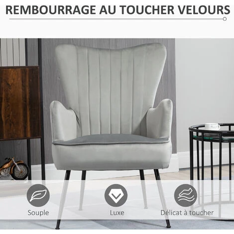 HOMCOM Fauteuil Design Néo-rétro Haut Dossier Strié à Oreilles Piètement Effilé Acier Noir Revêtement Tissu Aspect Velours Gris - Gris 7 HOMCOM Fauteuil Design Néo-rétro Haut Dossier Strié à Oreilles Piètement Effilé Acier Noir Revêtement Tissu Aspect Velours Gris - Gris – Image 5