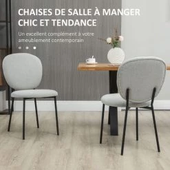 HOMCOM Lot De 2 Chaises Médaillon Style Néo-rétro Piètement Acier Noir Revêtement Tissu Aspect Lin Gris Clair - Gris -France HOMCOM Soldes 2022 69767313 4
