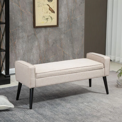 HOMCOM Banquette Coffre De Rangement 2 En 1 Style Contemporain Pieds Effilés Bois D'hévéa Noir Aspect Lin Beige - Beige 4 HOMCOM Banquette Coffre De Rangement 2 En 1 Style Contemporain Pieds Effilés Bois D'hévéa Noir Aspect Lin Beige - Beige – Image 2