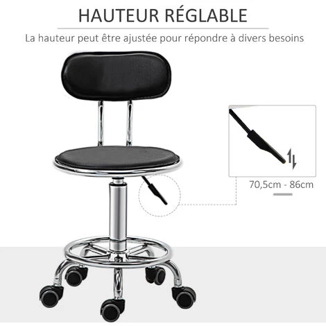 HOMCOM Tabouret De Massage Vintage - Tabouret De Travail Pivotant 360° - Hauteur Assise Réglable 43-59 Cm - Revêtement Synthétique Noir Métal Chromé - Noir 6 HOMCOM Tabouret De Massage Vintage - Tabouret De Travail Pivotant 360° - Hauteur Assise Réglable 43-59 Cm - Revêtement Synthétique Noir Métal Chromé - Noir – Image 4