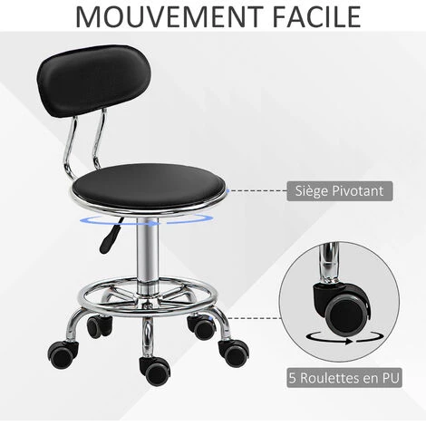 HOMCOM Tabouret De Massage Vintage - Tabouret De Travail Pivotant 360° - Hauteur Assise Réglable 43-59 Cm - Revêtement Synthétique Noir Métal Chromé - Noir 7 HOMCOM Tabouret De Massage Vintage - Tabouret De Travail Pivotant 360° - Hauteur Assise Réglable 43-59 Cm - Revêtement Synthétique Noir Métal Chromé - Noir – Image 5
