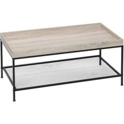 HOMCOM Table Basse Rectangulaire Style Campagne Chic Avec étagère Métal Maillé Noir MDF Aspect Chêne Clair - Beige