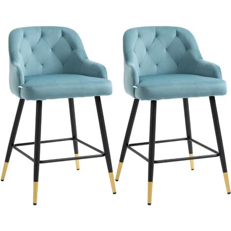 HOMCOM Lot De 2 Tabourets De Bar Design Chesterfield Effet Capitonné Piètement Métal Effilé Noir Extrémités Dorées Repose-pied Aspect Velours Bleu - Bleu 3 HOMCOM Lot De 2 Tabourets De Bar Design Chesterfield Effet Capitonné Piètement Métal Effilé Noir Extrémités Dorées Repose-pied Aspect Velours Bleu - Bleu