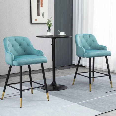 HOMCOM Lot De 2 Tabourets De Bar Design Chesterfield Effet Capitonné Piètement Métal Effilé Noir Extrémités Dorées Repose-pied Aspect Velours Bleu - Bleu 4 HOMCOM Lot De 2 Tabourets De Bar Design Chesterfield Effet Capitonné Piètement Métal Effilé Noir Extrémités Dorées Repose-pied Aspect Velours Bleu - Bleu – Image 2