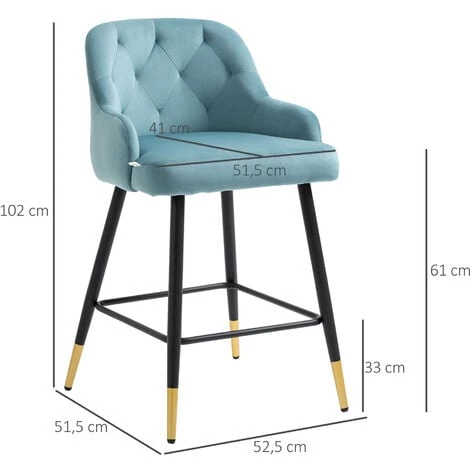 HOMCOM Lot De 2 Tabourets De Bar Design Chesterfield Effet Capitonné Piètement Métal Effilé Noir Extrémités Dorées Repose-pied Aspect Velours Bleu - Bleu 5 HOMCOM Lot De 2 Tabourets De Bar Design Chesterfield Effet Capitonné Piètement Métal Effilé Noir Extrémités Dorées Repose-pied Aspect Velours Bleu - Bleu – Image 3