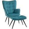 HOMCOM Fauteuil Design Néo-rétro Haut Dossier Effet Capitonné à Oreilles - Repose-pied Inclus - Piètement Effilé Acier Noir Tissu Aspect Velours Bleu Canard - Bleu