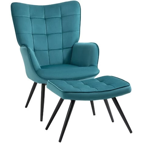 HOMCOM Fauteuil Design Néo-rétro Haut Dossier Effet Capitonné à Oreilles - Repose-pied Inclus - Piètement Effilé Acier Noir Tissu Aspect Velours Bleu Canard - Bleu 3 HOMCOM Fauteuil Design Néo-rétro Haut Dossier Effet Capitonné à Oreilles - Repose-pied Inclus - Piètement Effilé Acier Noir Tissu Aspect Velours Bleu Canard - Bleu