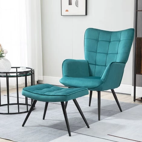 HOMCOM Fauteuil Design Néo-rétro Haut Dossier Effet Capitonné à Oreilles - Repose-pied Inclus - Piètement Effilé Acier Noir Tissu Aspect Velours Bleu Canard - Bleu 4 HOMCOM Fauteuil Design Néo-rétro Haut Dossier Effet Capitonné à Oreilles - Repose-pied Inclus - Piètement Effilé Acier Noir Tissu Aspect Velours Bleu Canard - Bleu – Image 2