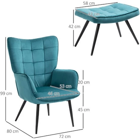 HOMCOM Fauteuil Design Néo-rétro Haut Dossier Effet Capitonné à Oreilles - Repose-pied Inclus - Piètement Effilé Acier Noir Tissu Aspect Velours Bleu Canard - Bleu 5 HOMCOM Fauteuil Design Néo-rétro Haut Dossier Effet Capitonné à Oreilles - Repose-pied Inclus - Piètement Effilé Acier Noir Tissu Aspect Velours Bleu Canard - Bleu – Image 3
