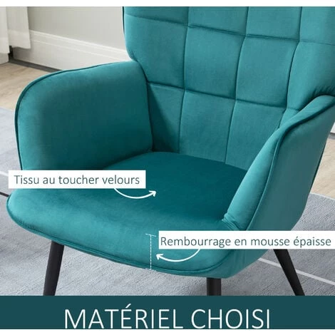HOMCOM Fauteuil Design Néo-rétro Haut Dossier Effet Capitonné à Oreilles - Repose-pied Inclus - Piètement Effilé Acier Noir Tissu Aspect Velours Bleu Canard - Bleu 7 HOMCOM Fauteuil Design Néo-rétro Haut Dossier Effet Capitonné à Oreilles - Repose-pied Inclus - Piètement Effilé Acier Noir Tissu Aspect Velours Bleu Canard - Bleu – Image 5