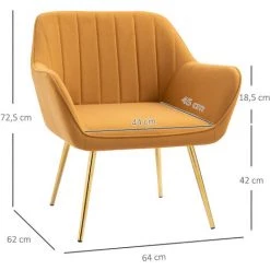 HOMCOM Fauteuil Style Art-déco Dossier Strié Accoudoirs Courbés Piètement Métal Doré Incliné Effilé Velours Moutarde Foncé - Moutarde -France HOMCOM Soldes 2022 69767405 3