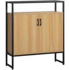 HOMCOM Buffet Meuble De Rangement 2 Portes Avec 2 étagères Plateau Verre Trempé Fumé Châssis Métal Noir MDF Aspect Bois Clair - Beige