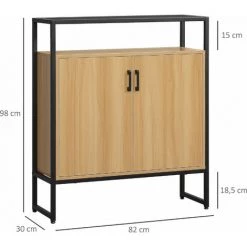 HOMCOM Buffet Meuble De Rangement 2 Portes Avec 2 étagères Plateau Verre Trempé Fumé Châssis Métal Noir MDF Aspect Bois Clair - Beige -France HOMCOM Soldes 2022 69767406 3