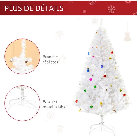 HOMCOM Sapin De Noël Artificiel Lumineux Blanc Dim. Ø 115 X 180H Cm 650 Branches 150 LED - Support Pied Pliable Métal PVC - Blanc 7 HOMCOM Sapin De Noël Artificiel Lumineux Blanc Dim. Ø 115 X 180H Cm 650 Branches 150 LED - Support Pied Pliable Métal PVC - Blanc – Image 5