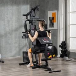 HOMCOM Station De Musculation - Entrainement Complet - Développé Couché, Butterfly, Barre Latissimus, Curler, Bande Résistance - 11 Contrepoids - Acier Noir - Noir -France HOMCOM Soldes 2022 70300253 4
