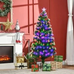 HOMCOM Sapin De Noël Artificiel Lumineux Fibre Optique LED Multimode Multicolore + Support Pied Ø 75 X 150H Cm 140 Branches étoile Sommet Brillante Vert - Vert -France HOMCOM Soldes 2022 70300258 4