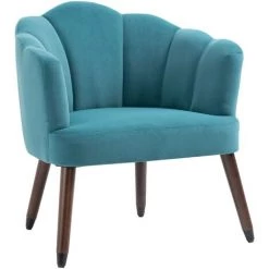 HOMCOM Fauteuil Design Coquillage Piètement Effilé Bois D'hévéa Dossier Enveloppant Strié Aspect Velours Bleu Canard - Bleu