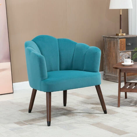 HOMCOM Fauteuil Design Coquillage Piètement Effilé Bois D'hévéa Dossier Enveloppant Strié Aspect Velours Bleu Canard - Bleu 4 HOMCOM Fauteuil Design Coquillage Piètement Effilé Bois D'hévéa Dossier Enveloppant Strié Aspect Velours Bleu Canard - Bleu – Image 2