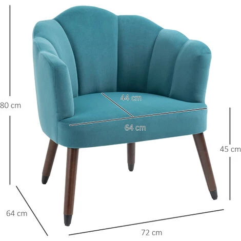 HOMCOM Fauteuil Design Coquillage Piètement Effilé Bois D'hévéa Dossier Enveloppant Strié Aspect Velours Bleu Canard - Bleu 5 HOMCOM Fauteuil Design Coquillage Piètement Effilé Bois D'hévéa Dossier Enveloppant Strié Aspect Velours Bleu Canard - Bleu – Image 3