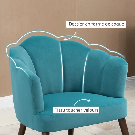 HOMCOM Fauteuil Design Coquillage Piètement Effilé Bois D'hévéa Dossier Enveloppant Strié Aspect Velours Bleu Canard - Bleu 7 HOMCOM Fauteuil Design Coquillage Piètement Effilé Bois D'hévéa Dossier Enveloppant Strié Aspect Velours Bleu Canard - Bleu – Image 5