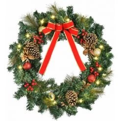 HOMCOM Couronne De Noël Artificielle Lumineuse - Décoration De Noël LED - Ø 60 Cm 20 LED Blanc Chaud - Décoration Incluse - Vert