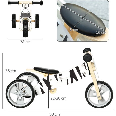 HOMCOM Tricycle Draisienne Enfant 2 En 1 - Selle Réglable - Roues EVA Texturées, Guidon Ergonomique, Poignée Transport - Panneaux Bois Motif Zèbre - Blanc 5 HOMCOM Tricycle Draisienne Enfant 2 En 1 - Selle Réglable - Roues EVA Texturées, Guidon Ergonomique, Poignée Transport - Panneaux Bois Motif Zèbre - Blanc – Image 3