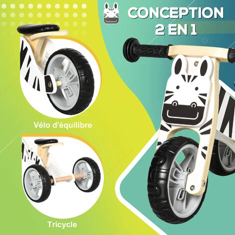 HOMCOM Tricycle Draisienne Enfant 2 En 1 - Selle Réglable - Roues EVA Texturées, Guidon Ergonomique, Poignée Transport - Panneaux Bois Motif Zèbre - Blanc 7 HOMCOM Tricycle Draisienne Enfant 2 En 1 - Selle Réglable - Roues EVA Texturées, Guidon Ergonomique, Poignée Transport - Panneaux Bois Motif Zèbre - Blanc – Image 5