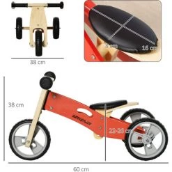 HOMCOM Tricycle Draisienne Enfant 2 En 1 - Selle Réglable - Roues EVA Texturées, Guidon Ergonomique, Poignée Transport - Panneaux Bois Rouge - Rouge -France HOMCOM Soldes 2022 70413010 3